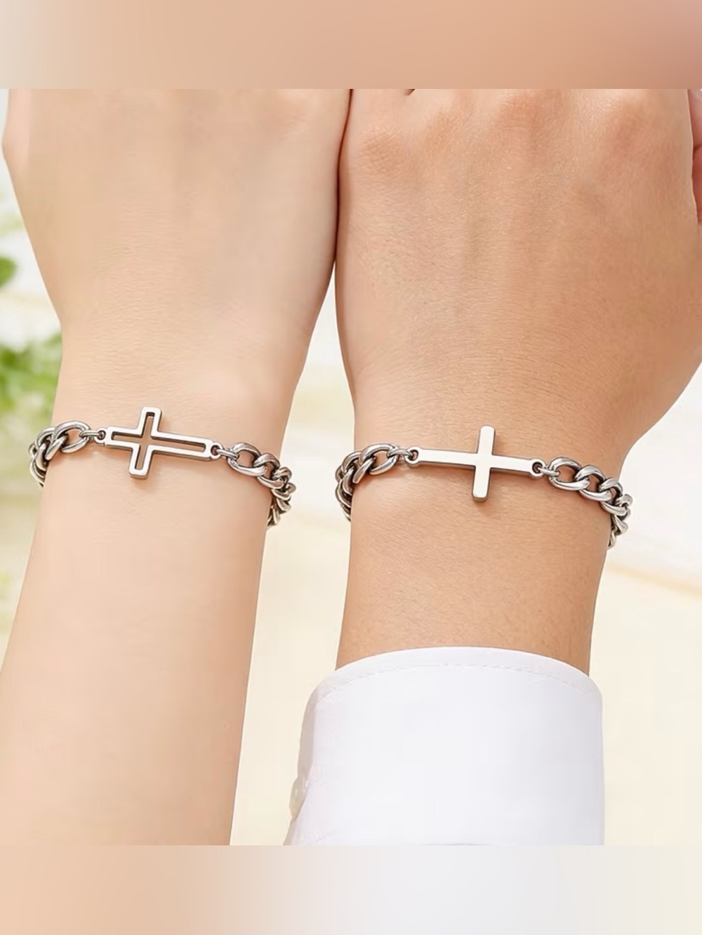 NWT Set of 2 Stainless Steel Sideways Cross Cuban Link Bracelets Silver
